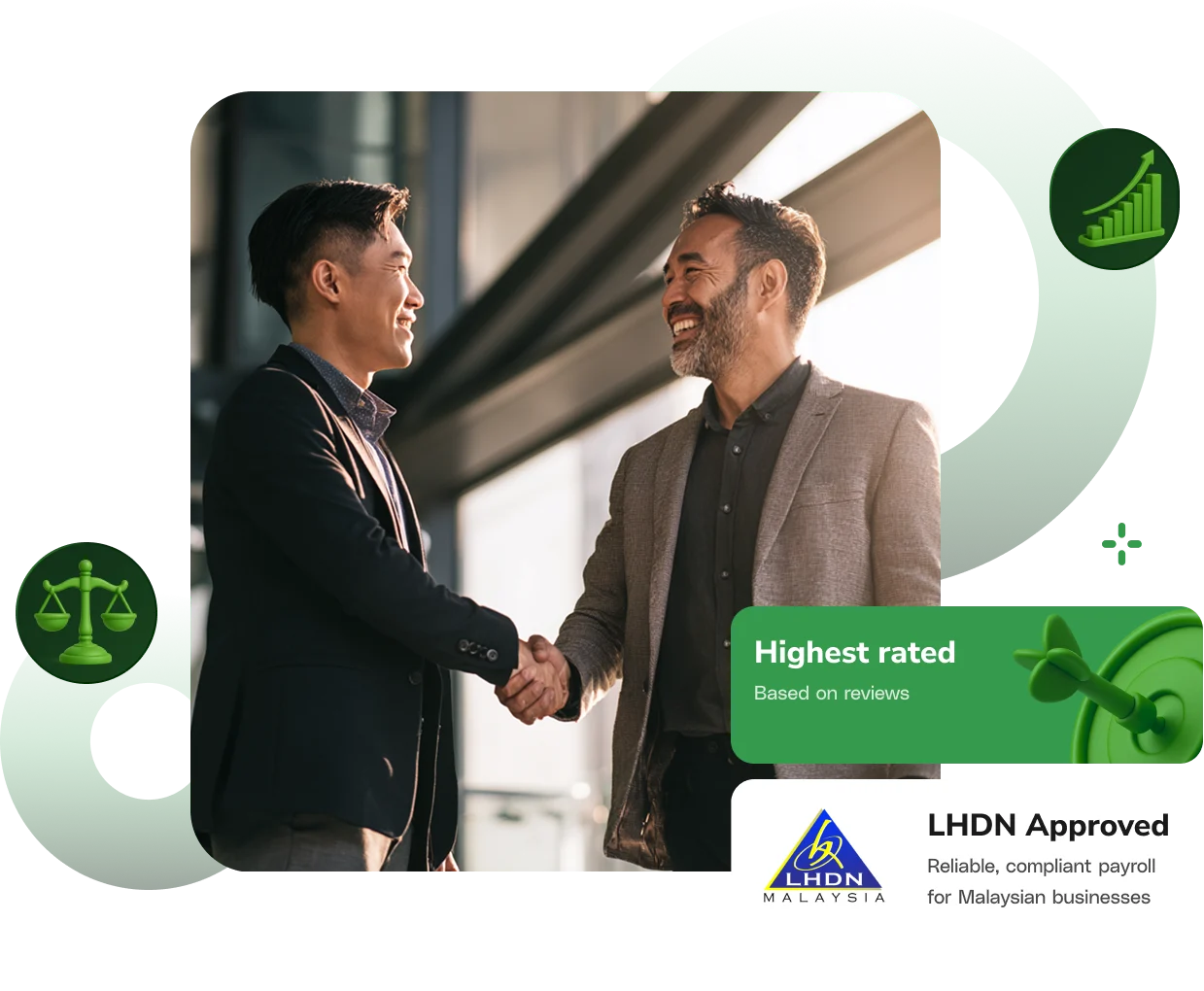 Two partners shaking hands, LHDN approved and highest rated