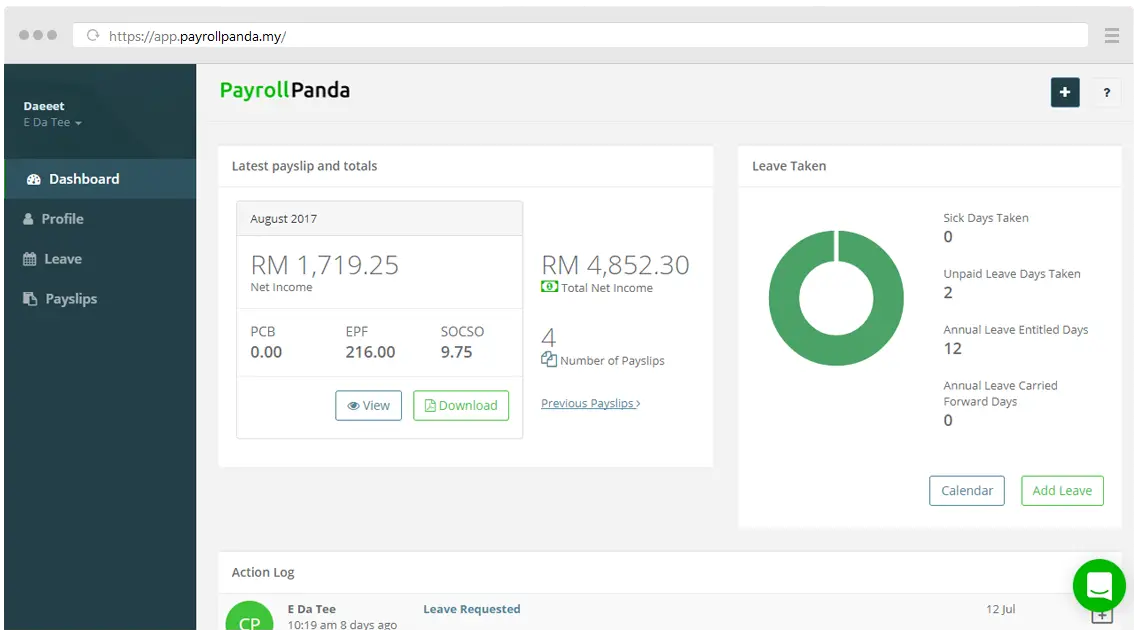 Employee Self Service | PayrollPanda Payroll Management System Dashboard