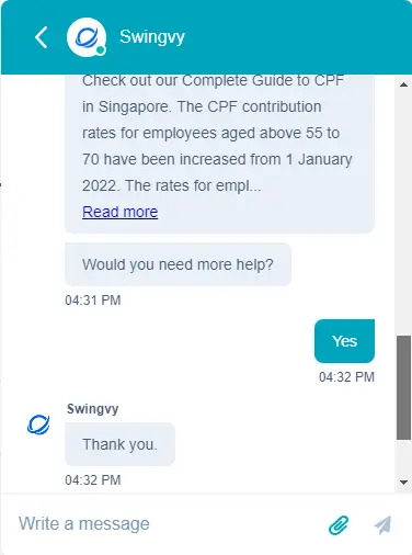Screenshot of a chat conversation with Swingvy's Chat bot