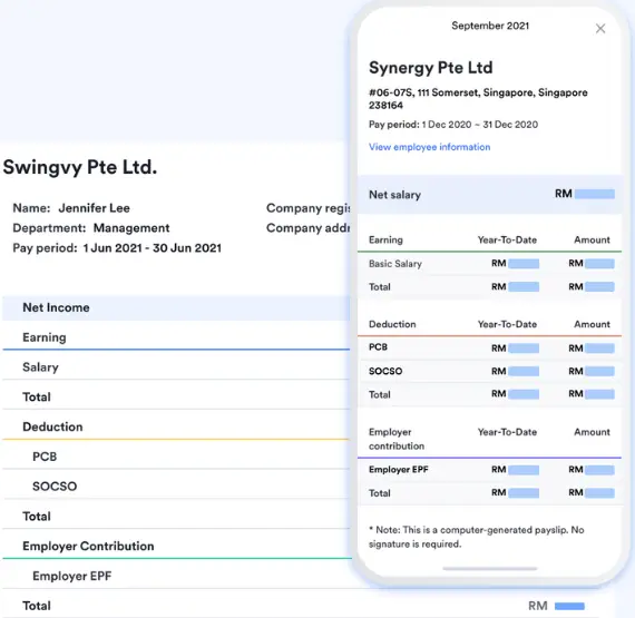 Example of a payslip generate from Swingvy.