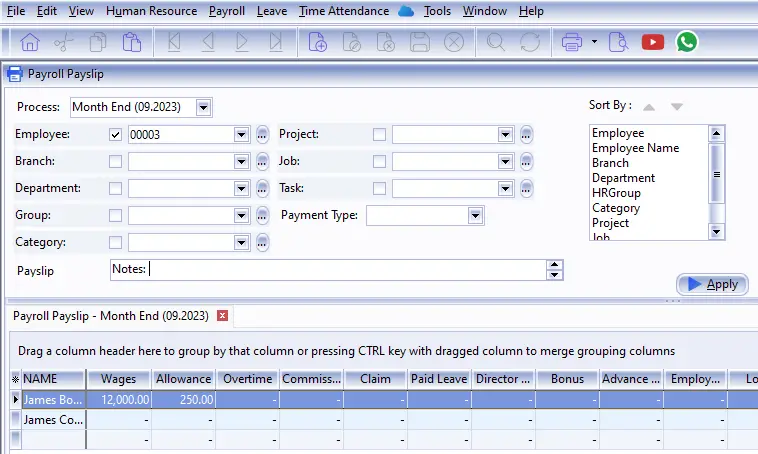 interface of SQLs payroll software