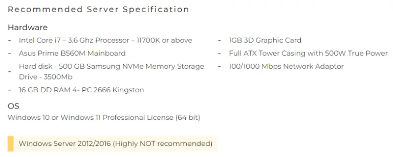 recommended server specification when using SQL