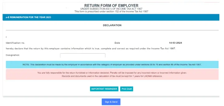 Entering employer designation and submitting Form e