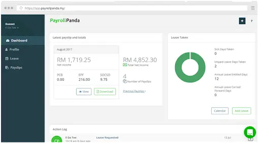 View of PayrollPanda's Employee Self Service Dashboard