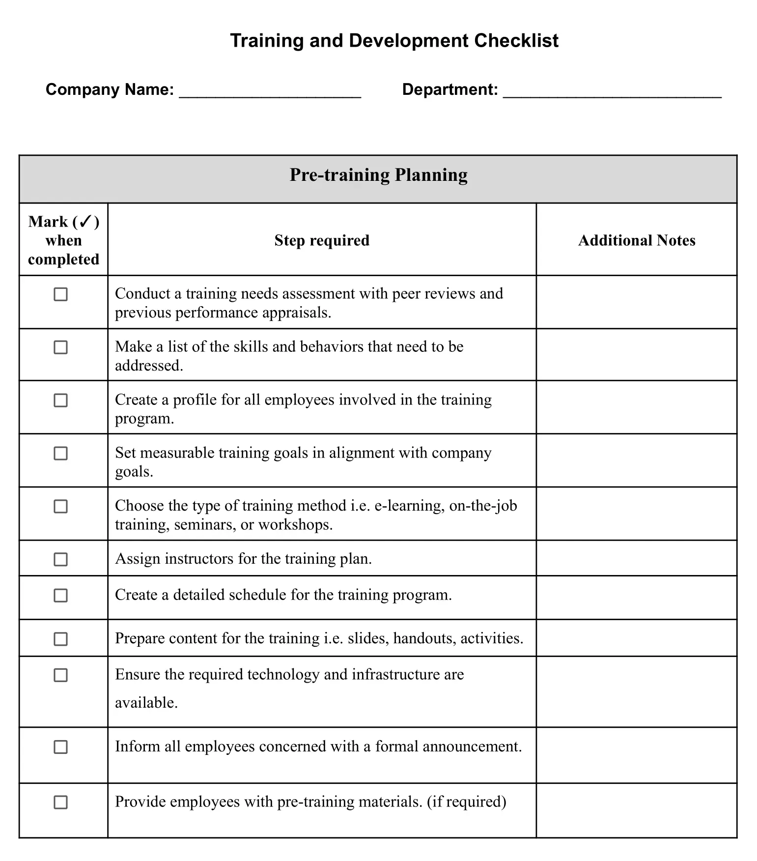 Training and Development Checklist