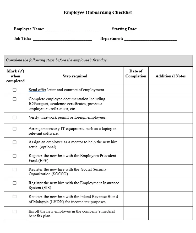 employee onboarding checklist template free