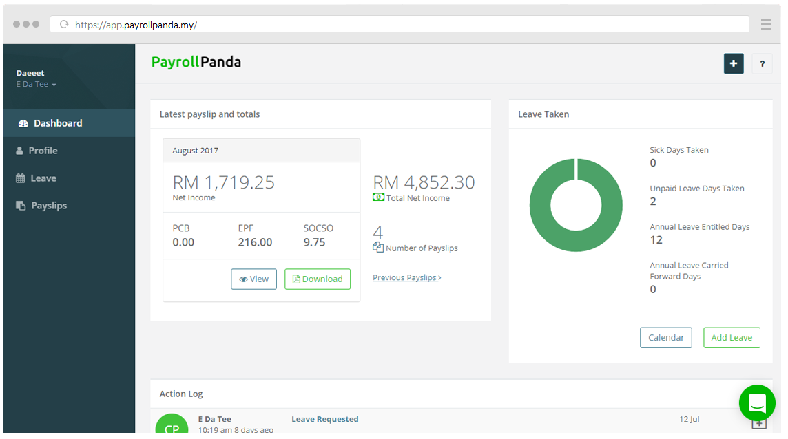 Employee Self Service | PayrollPanda Payroll Management System Dashboard