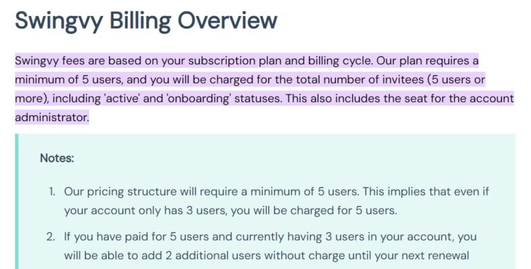 A look at the terms for Swingvy's billing process.