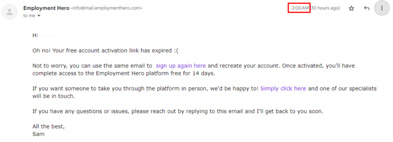 Employment Hero's email follow up that the registration link is expired