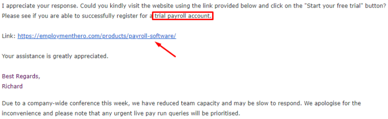 email from employment hero providing a link to sign up for a free payroll trial