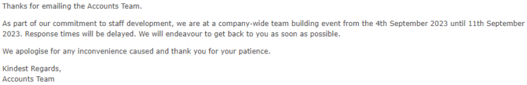 Employment Hero's automated email response informing about delays in response time