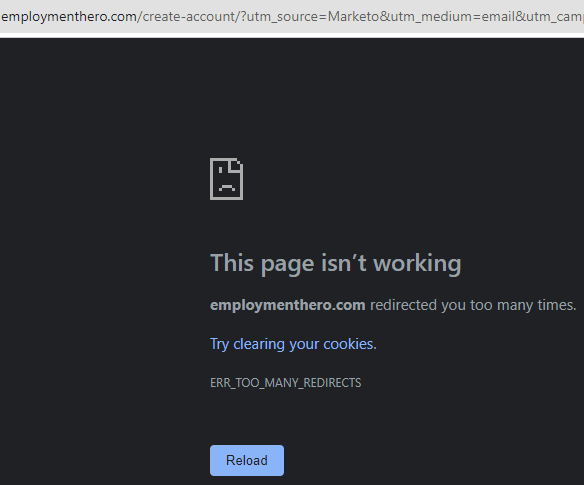 employment hero's redirect error message