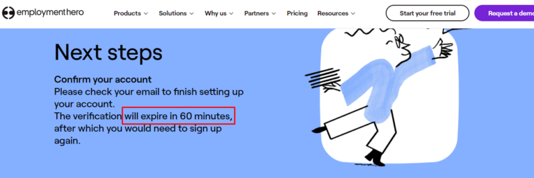 Employment Hero's prompt to confirm your test account