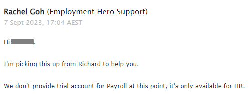 payroll trial accounts are currently not available for Employment Hero