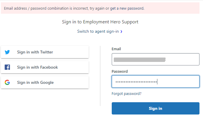 unable to access employment hero's support with a registered email address