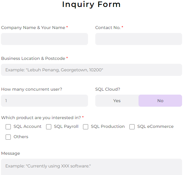 view of SQL inquiry form