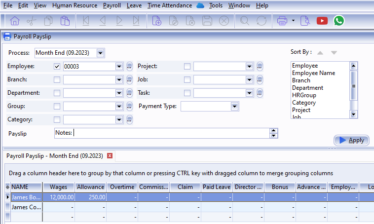 interface of SQLs payroll software