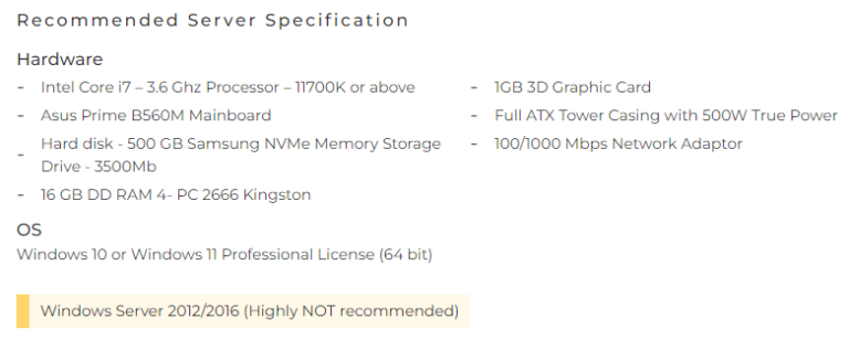 recommended server specification when using SQL