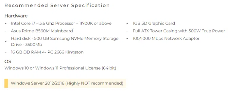 recommended server specification when using SQL