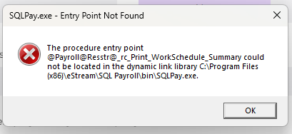 pop up message indicating that SQL payroll file cannot be located