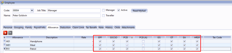 setting of preset allowance within SQLs payroll software