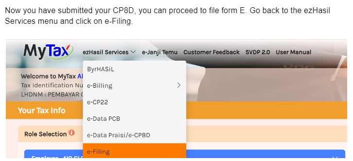 Selecting e-filing on ezHasil Services