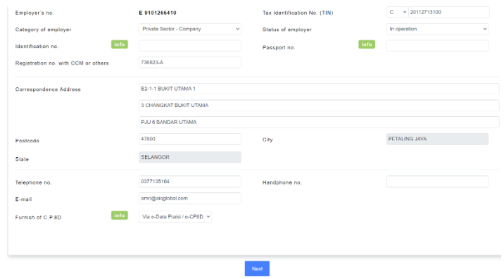 Filling in company details for e-Form submission