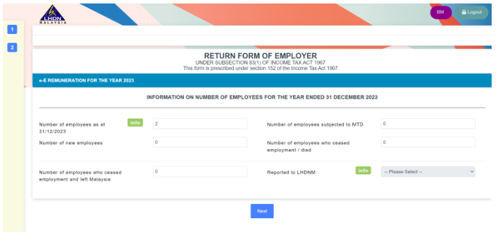 Filling in number of employees for Form-e submission