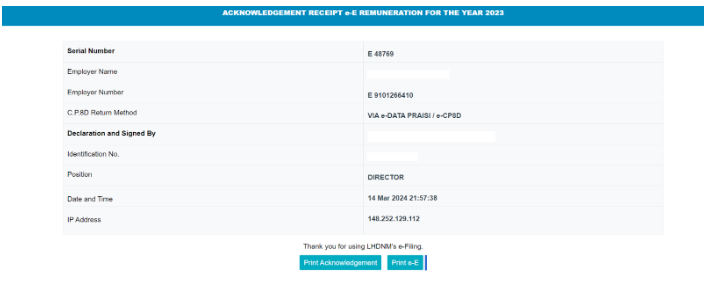 Acknowledgement of e-Form submission