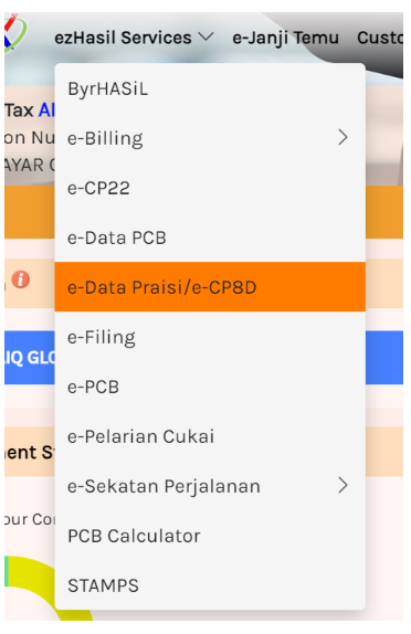 Selecting e-Data Praisi/e-CP8D from EzHasil Services menu