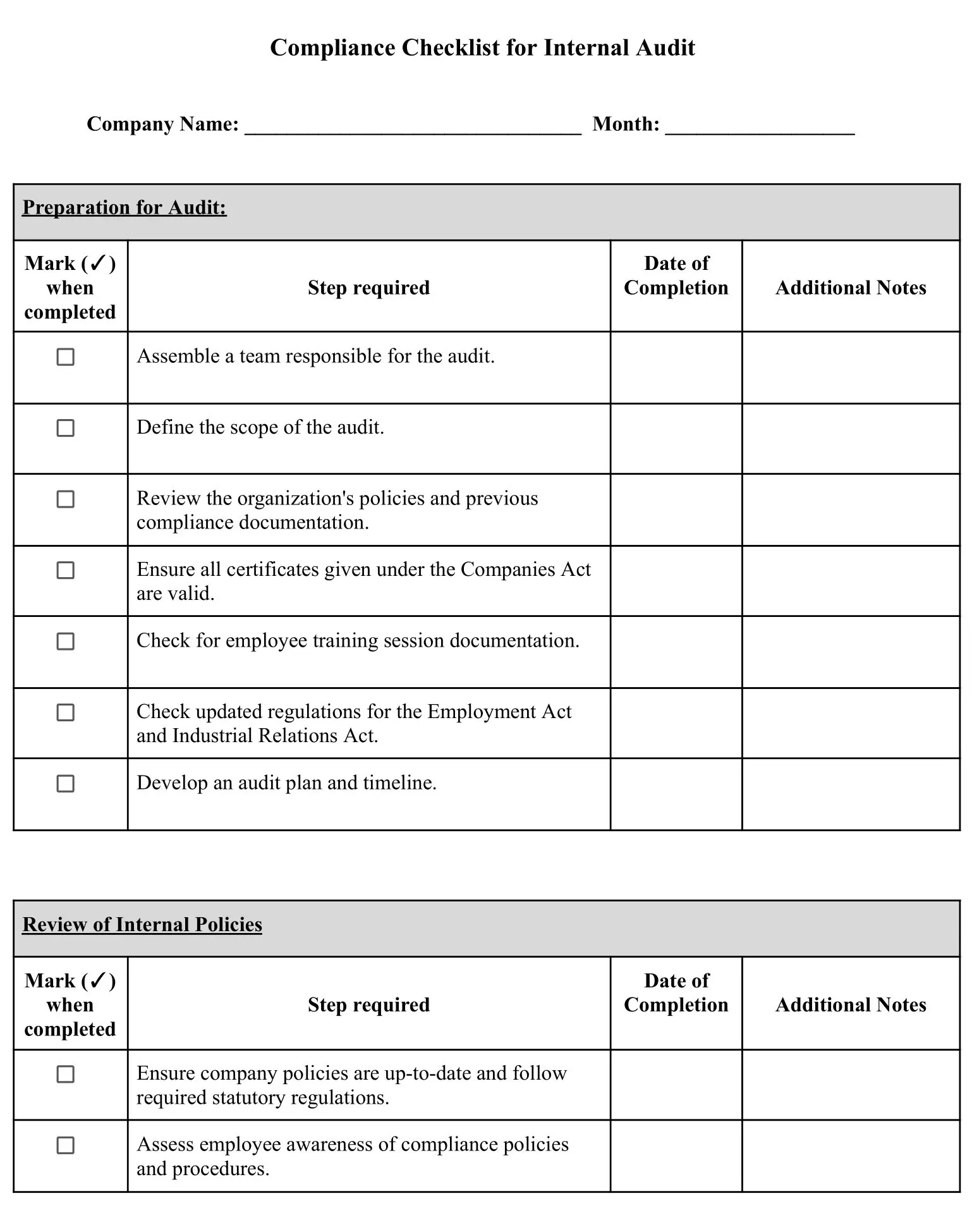 Compliance Checklist for Internal Audit