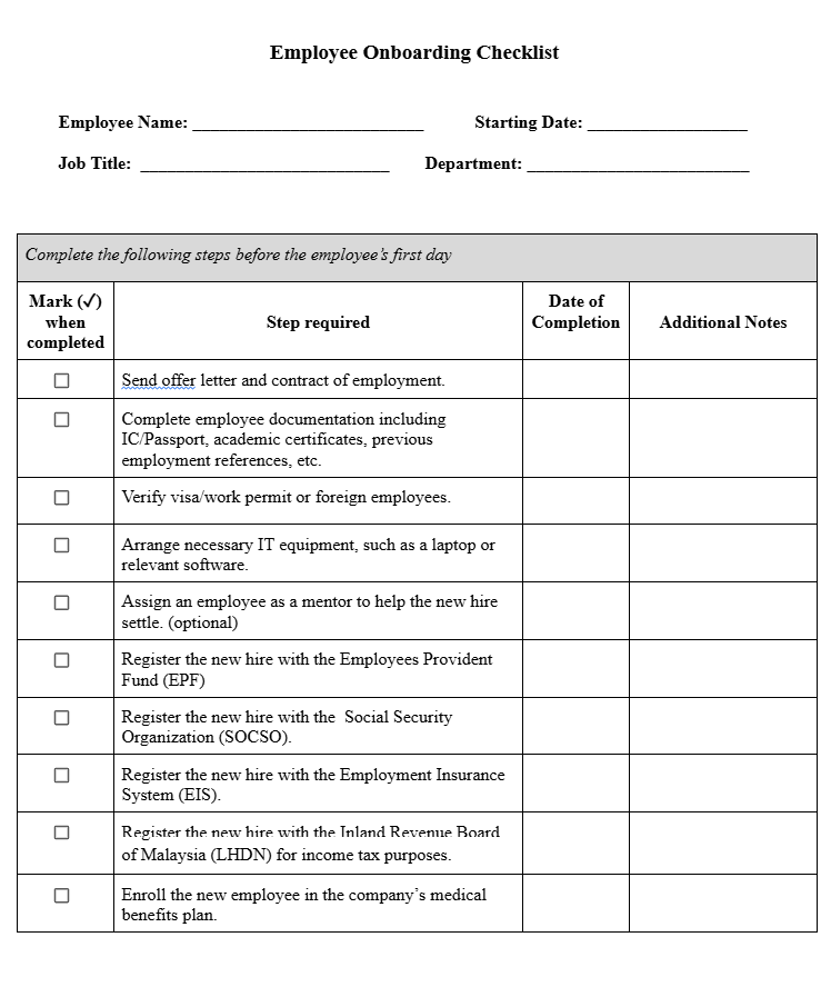 employee onboarding checklist template free
