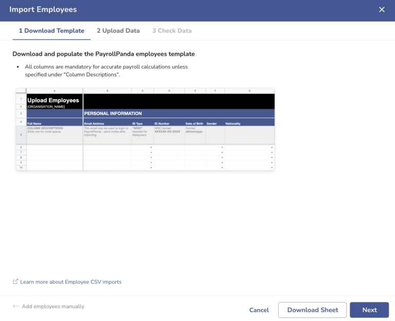 screenshot of payrollpanda bulk upload feature
